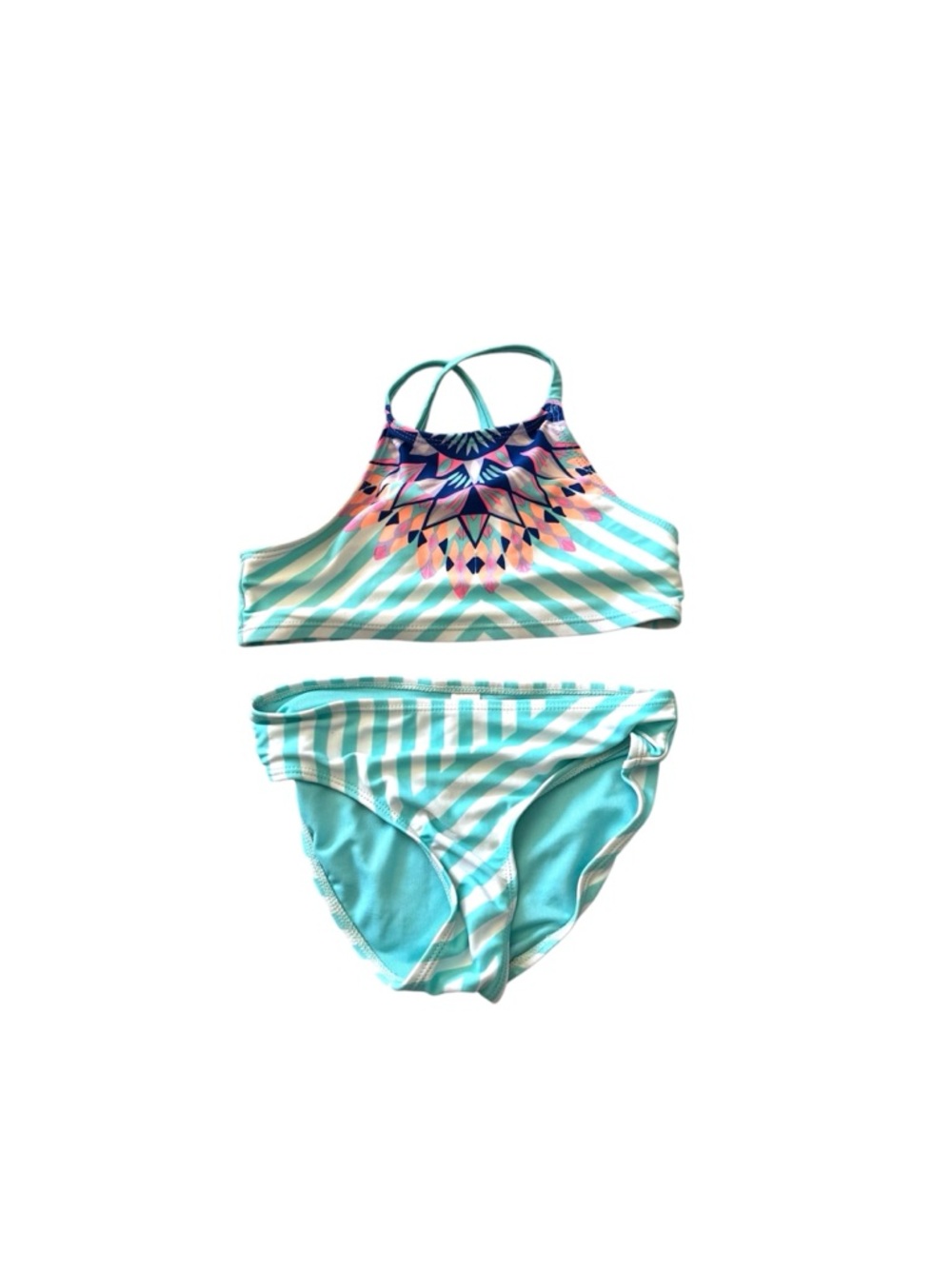 Justice Aqua and White Striped Two-Piece Bikini with Colorful Mandala Girls 6